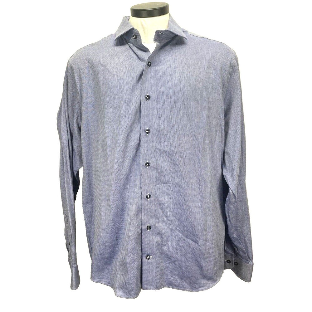 Lorenzo Uomo Men's Sz 17.5 36/37 Luxury Cotton Dress Shirt Blue Trim Fit RN89452